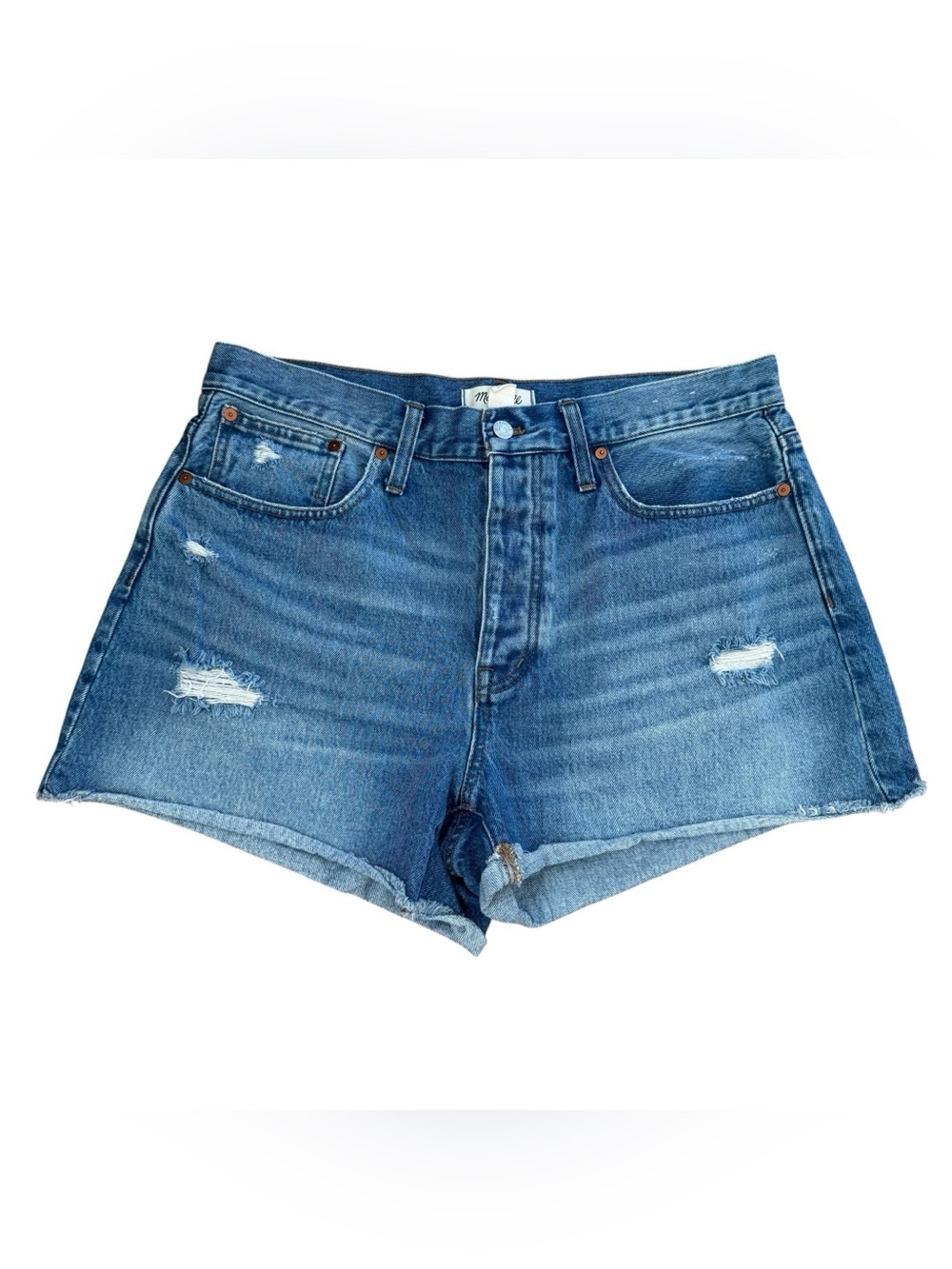 Madewell Curvy Relaxed Denim Shorts Blue Jean Distressed Button Fly Raw Hem 29